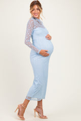 Light Blue Lace Mock Neck Long Sleeve Maternity Maxi Dress
