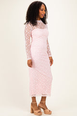 Light Pink Lace Mock Neck Long Sleeve Maternity Maxi Dress