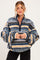 woman wearing a multicolored striped fleece maternity pullover with a half zipper and cozy fit