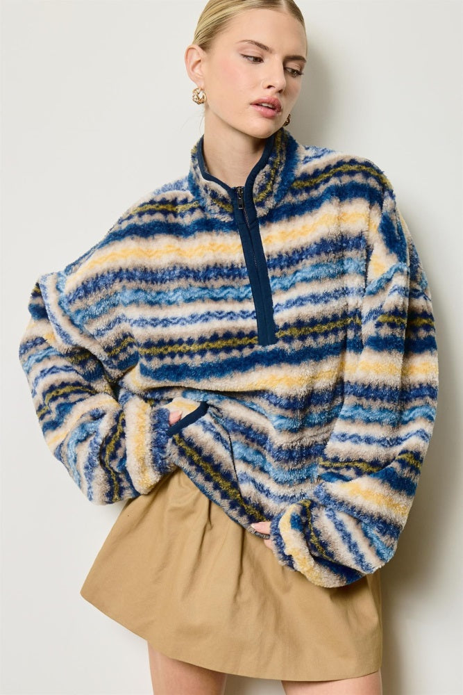 Blue Printed Fleece Oversized Half Zip Pullover