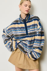 Blue Printed Fleece Oversized Half Zip Pullover