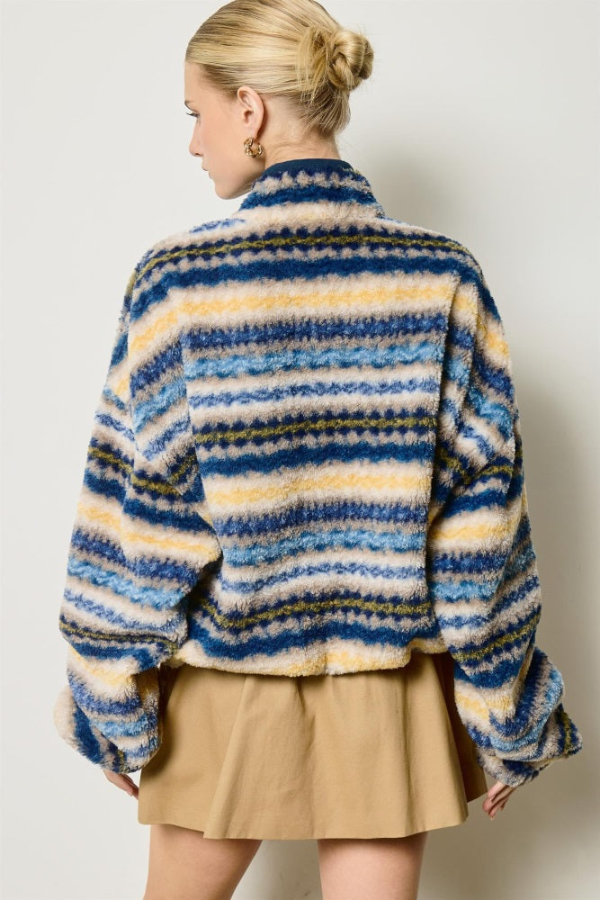 Blue Printed Fleece Oversized Half Zip Pullover