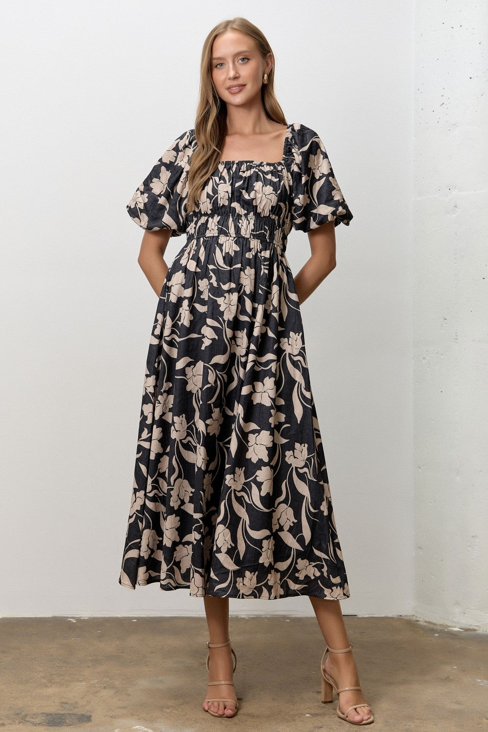 Black Floral Square Neck Puff Sleeve Midi Dress
