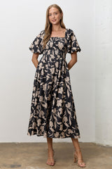 Black Floral Square Neck Puff Sleeve Midi Dress