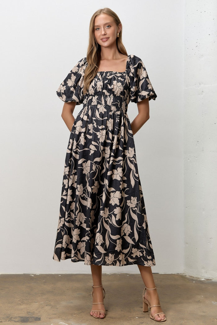Black Floral Square Neck Puff Sleeve Midi Dress