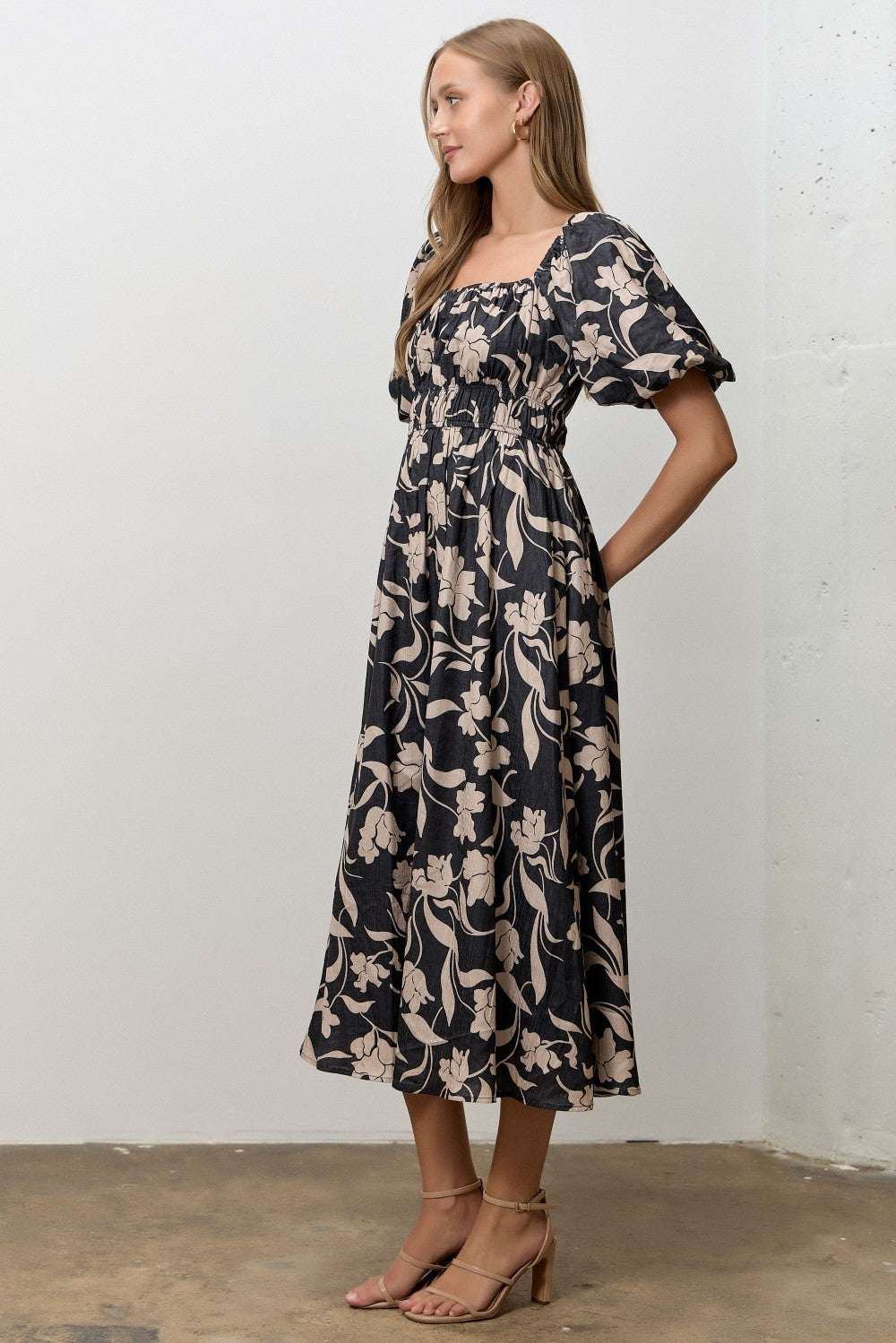 Black Floral Square Neck Puff Sleeve Midi Dress