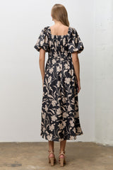 Black Floral Square Neck Puff Sleeve Midi Dress