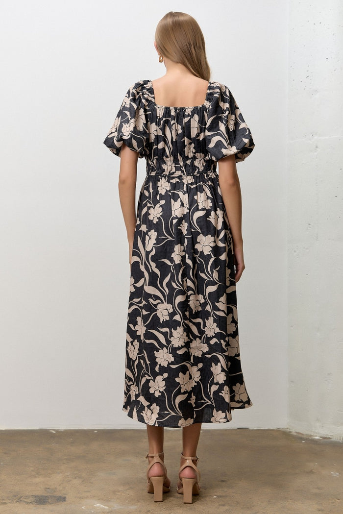 Black Floral Square Neck Puff Sleeve Midi Dress