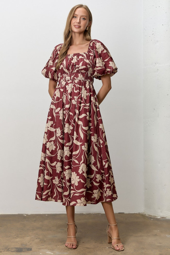 Mahogany Floral Square Neck Puff Sleeve Maternity Midi Dress