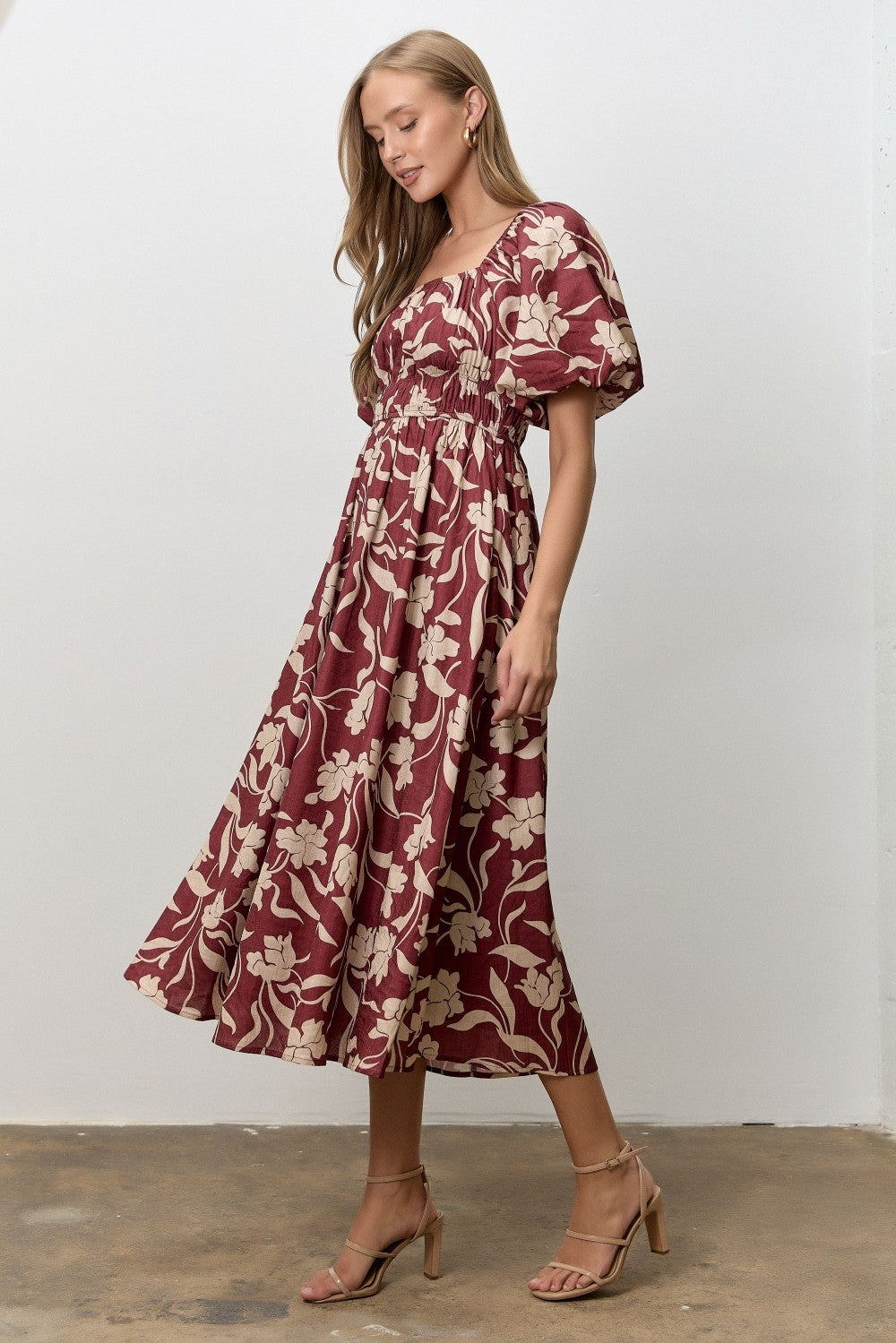 Mahogany Floral Square Neck Puff Sleeve Midi Dress