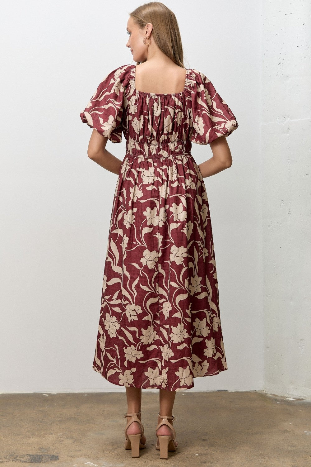 Mahogany Floral Square Neck Puff Sleeve Midi Dress