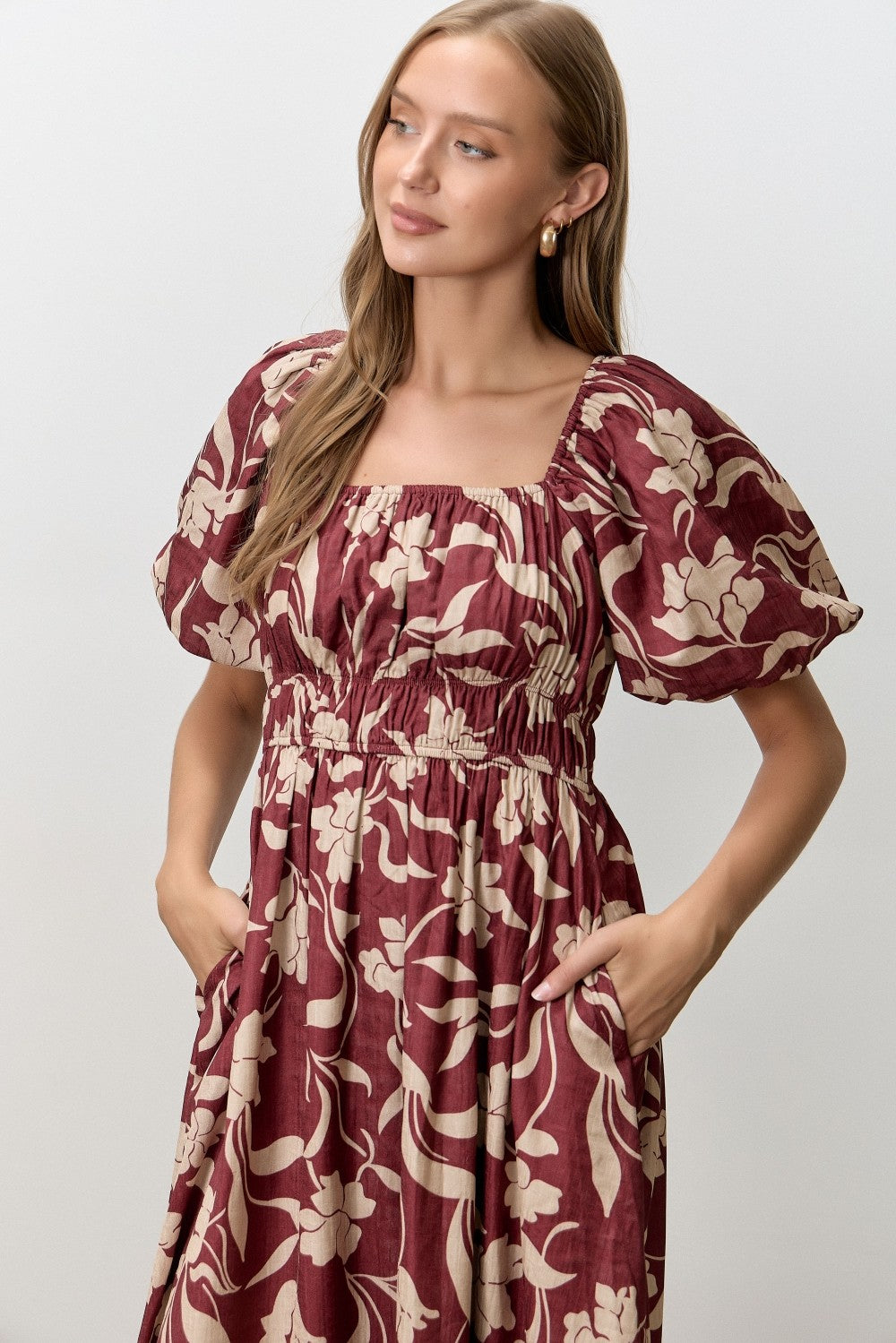 Mahogany Floral Square Neck Puff Sleeve Midi Dress