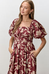 Mahogany Floral Square Neck Puff Sleeve Midi Dress