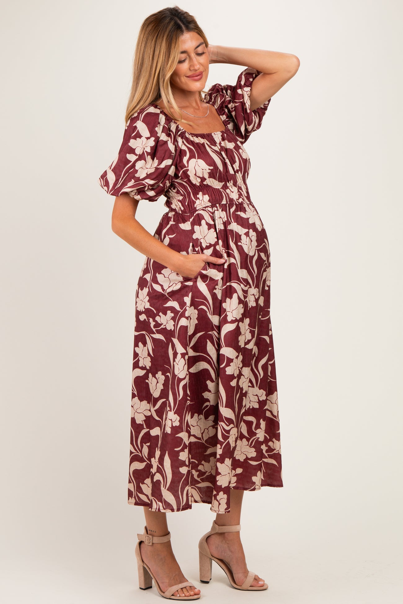 Mahogany Floral Square Neck Puff Sleeve Maternity Midi Dress
