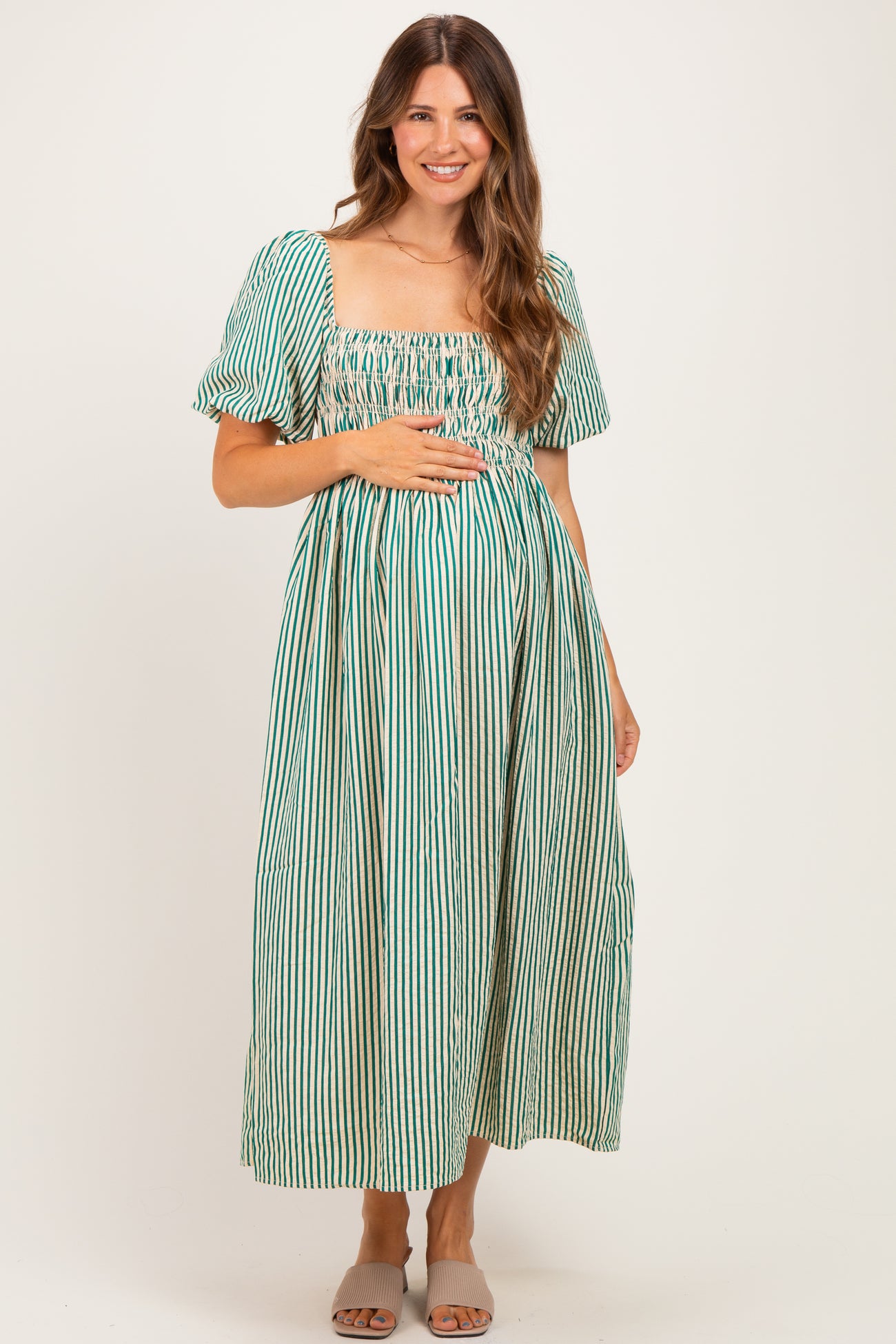 Green Square Neck Smocked Striped Maternity Midi Dress