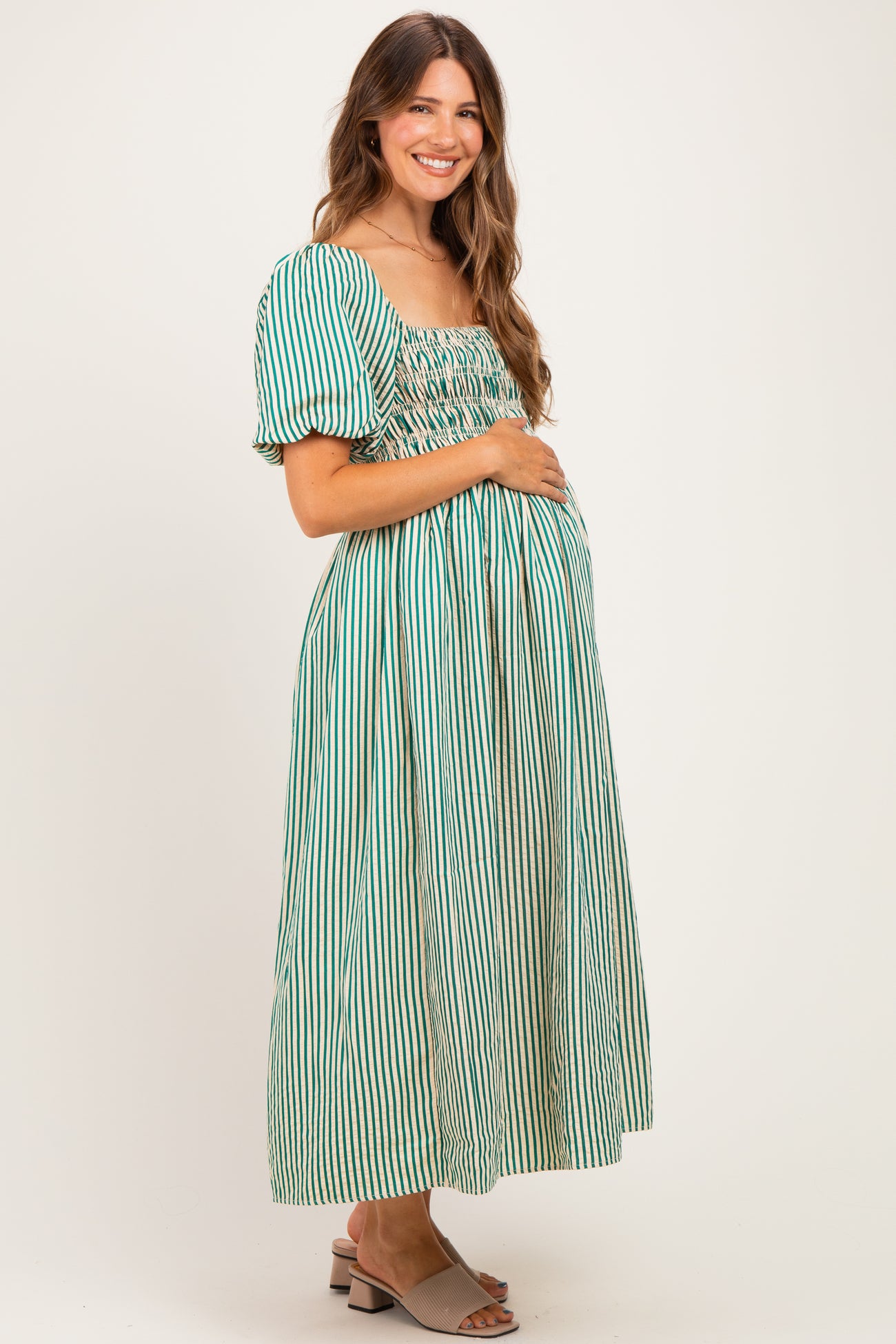 Green Square Neck Smocked Striped Maternity Midi Dress
