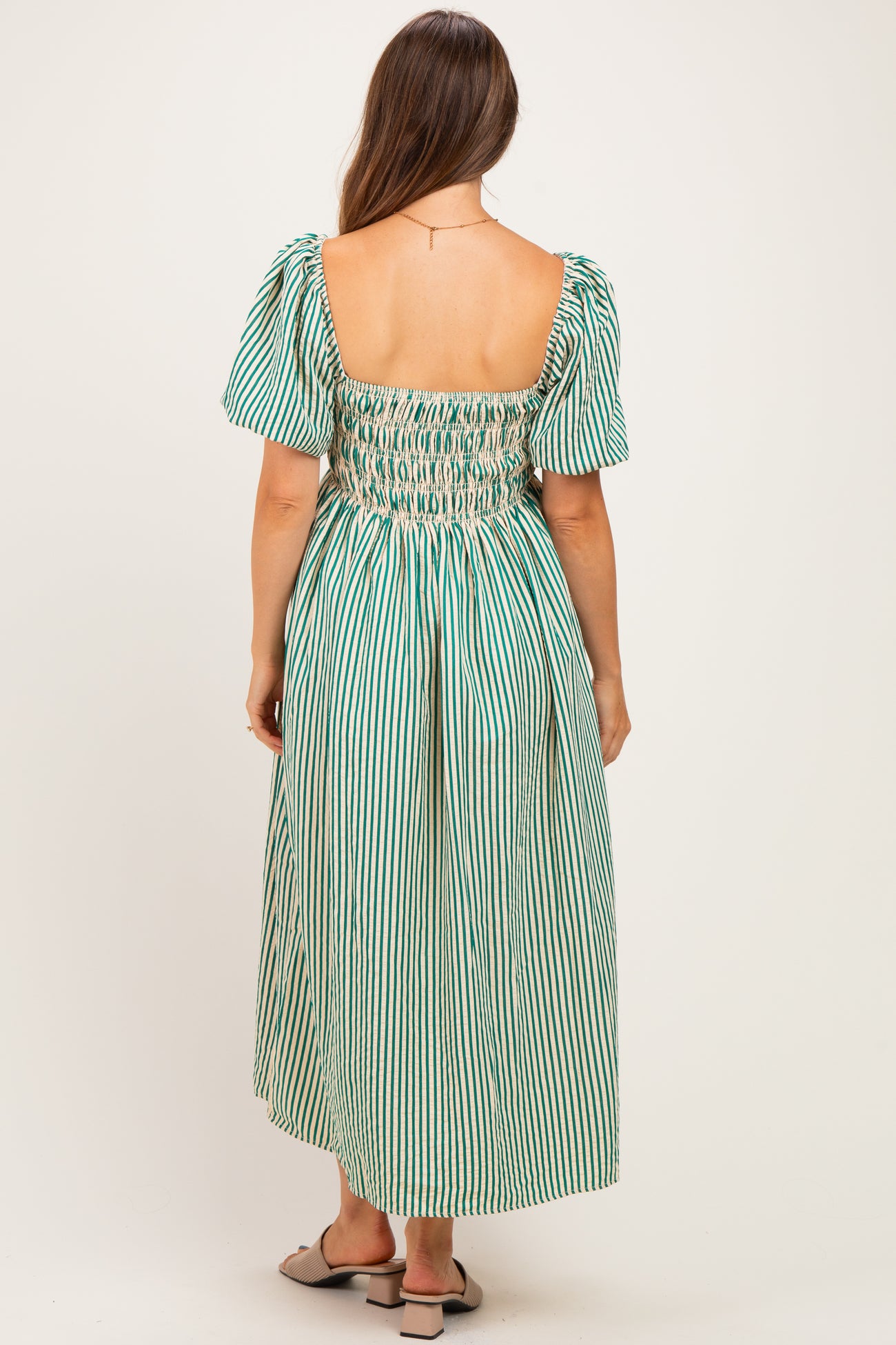 Green Square Neck Smocked Striped Maternity Midi Dress