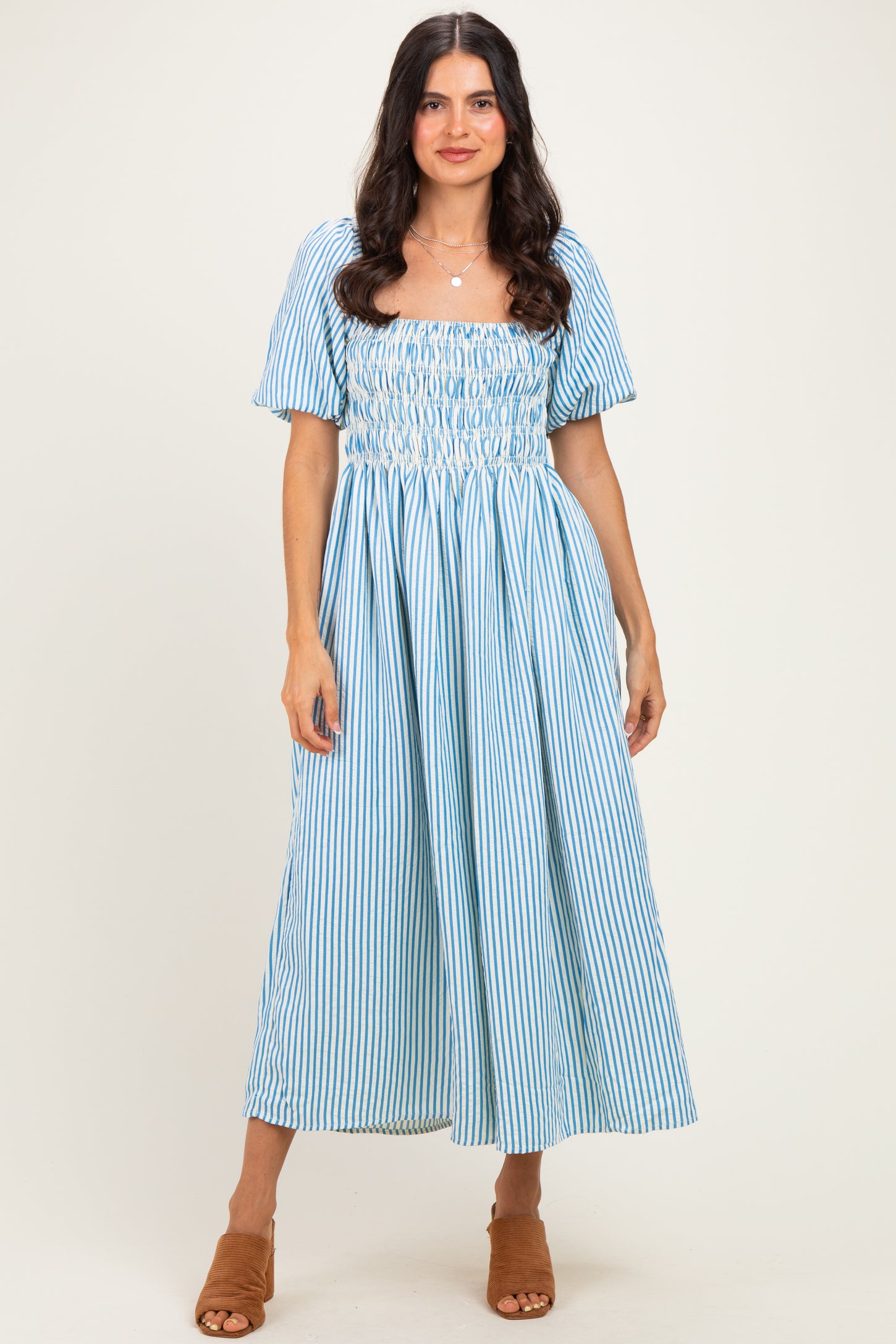 Blue Square Neck Smocked Striped Midi Dress