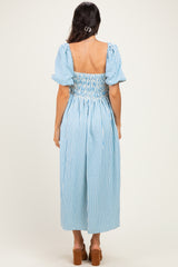 Blue Square Neck Smocked Striped Midi Dress