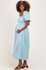 Blue Square Neck Smocked Striped Maternity Midi Dress
