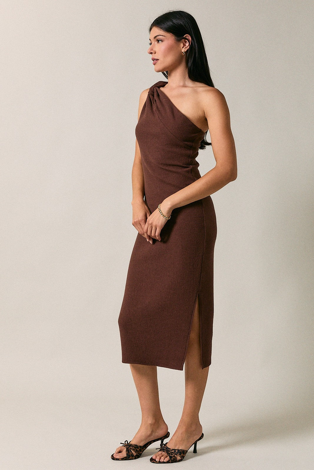 Brown One Shoulder Side Sit Midi Dress
