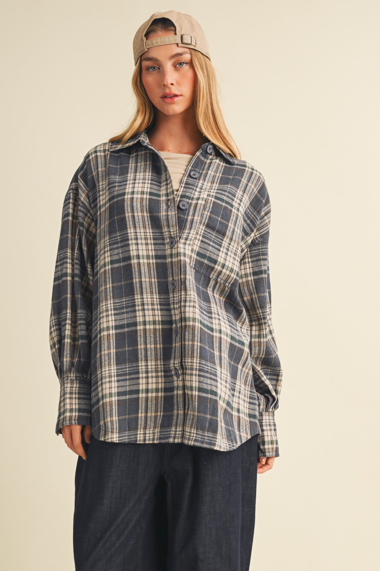 Navy Brushed Plaid Oversized Maternity Shirt Jacket