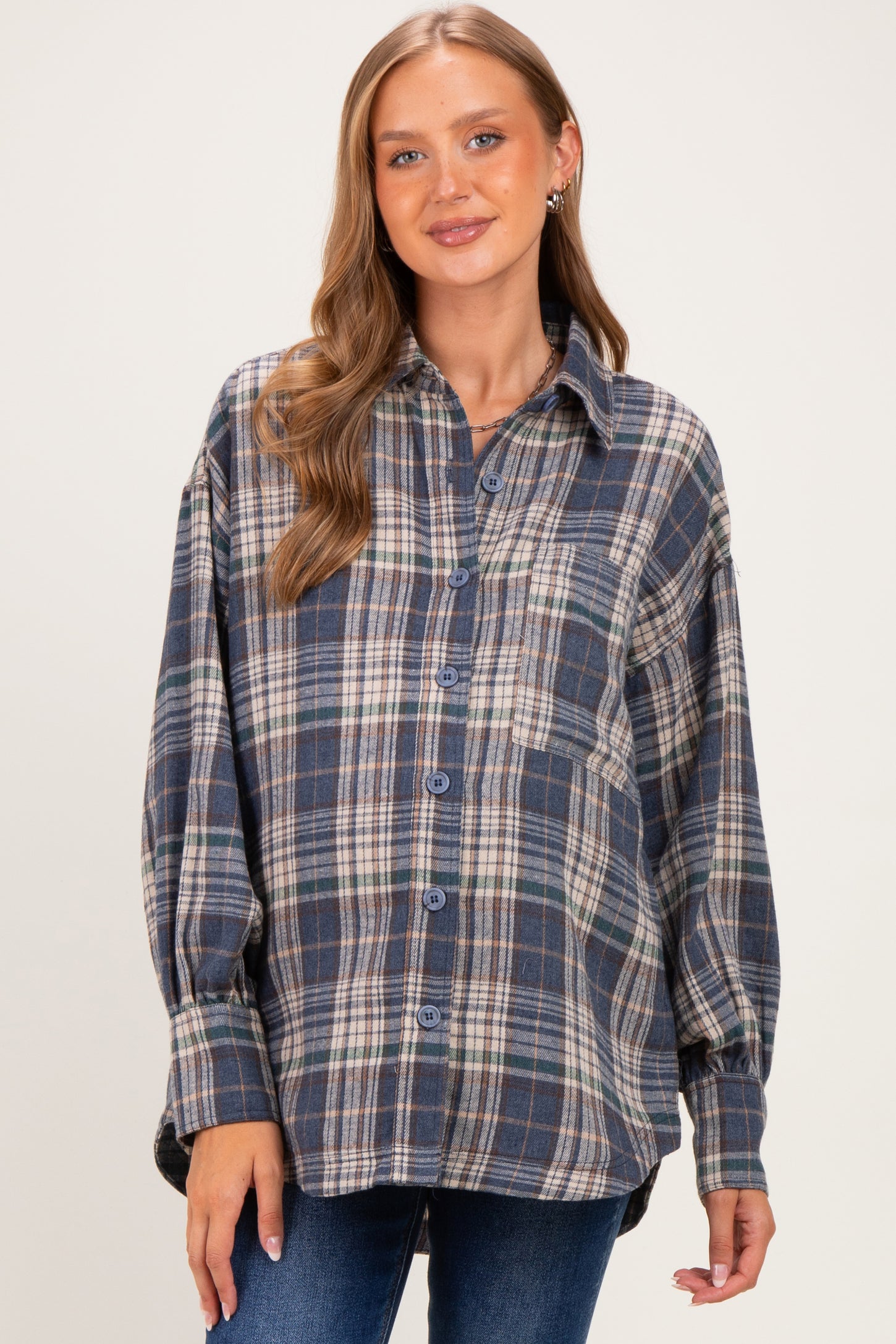 Navy Brushed Plaid Oversized Maternity Shirt Jacket