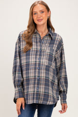 Navy Brushed Plaid Oversized Maternity Shirt Jacket