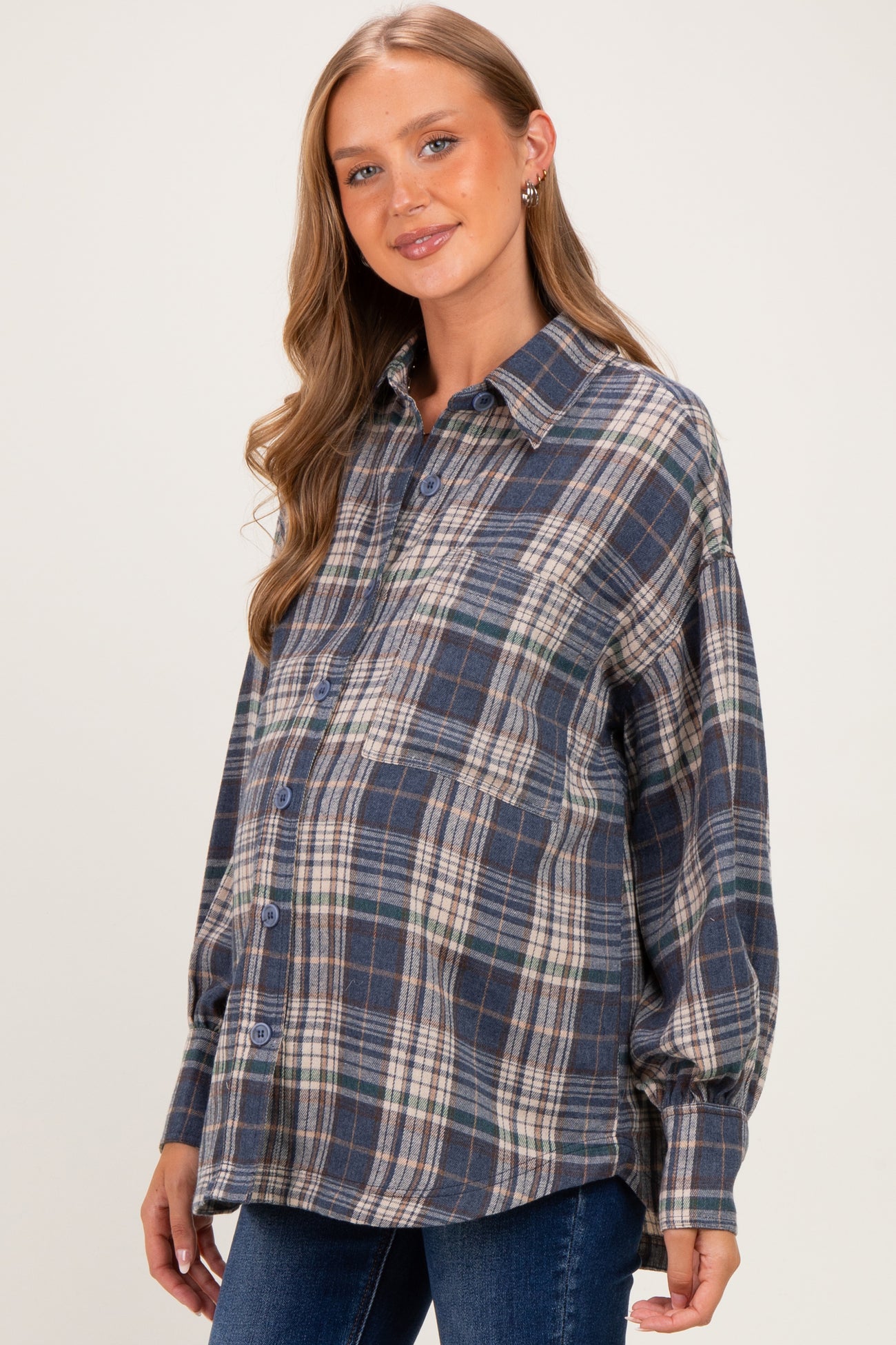 Navy Brushed Plaid Oversized Maternity Shirt Jacket