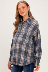 Navy Brushed Plaid Oversized Maternity Shirt Jacket