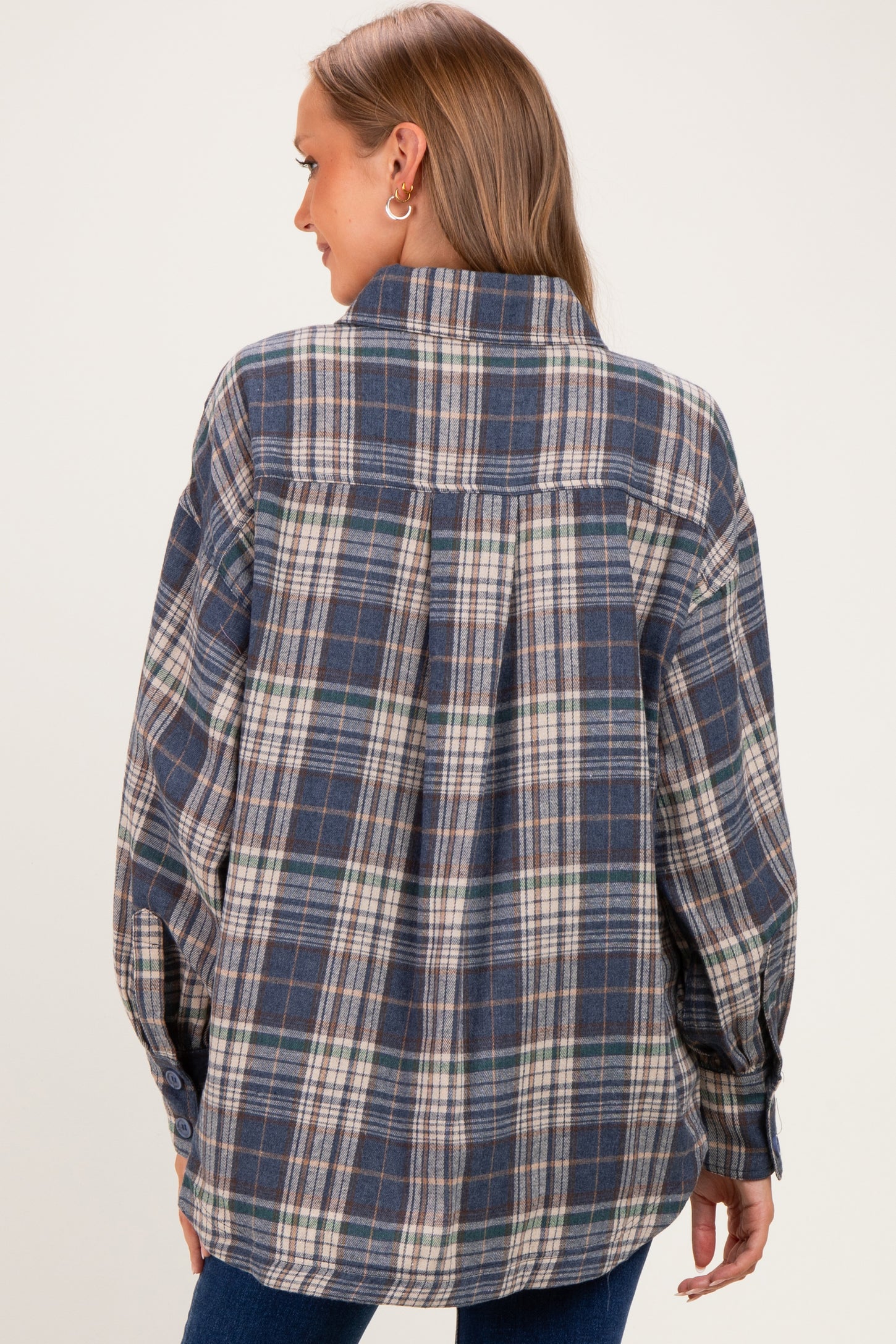 Navy Brushed Plaid Oversized Maternity Shirt Jacket
