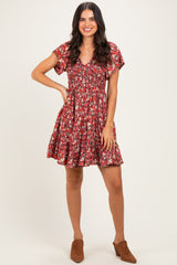 Wine Floral Flutter Sleeve Smocked Mini Dress