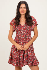 Wine Floral Flutter Sleeve Smocked Mini Dress