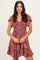 Wine Floral Flutter Sleeve Smocked Mini Dress