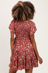 Wine Floral Flutter Sleeve Smocked Maternity Mini Dress