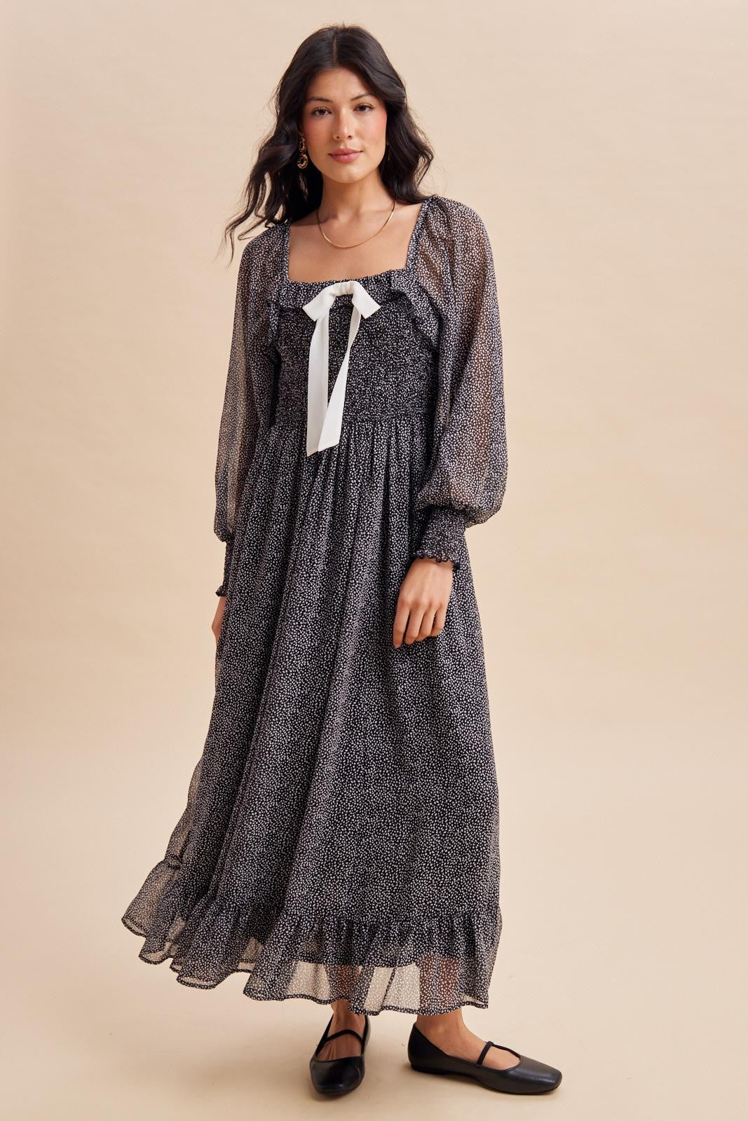 Black Dot Smocked Ribbon Tie Ruffle Maternity Maxi Dress
