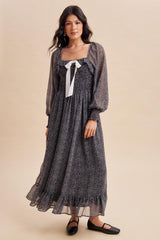 Black Dot Smocked Ribbon Tie Ruffle Maternity Maxi Dress