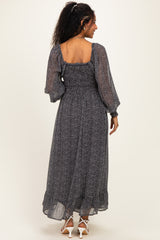 Black Dot Smocked Ribbon Tie Ruffle Maternity Maxi Dress
