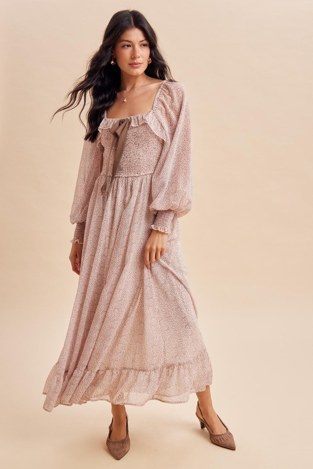 Primrose Brown Dot Smocked Ribbon Tie Ruffle Maxi Dress