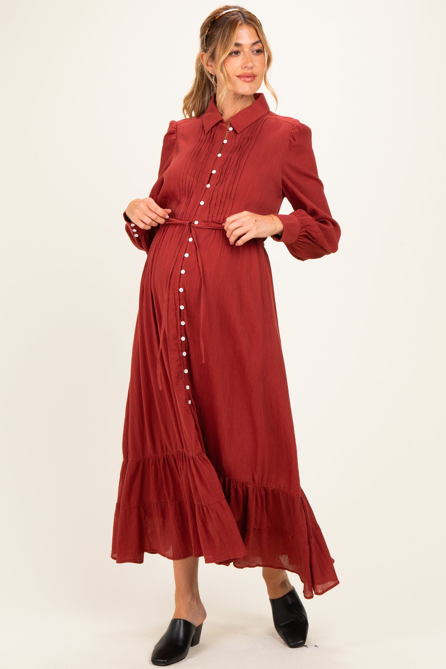 Terracotta Pleated Front Button Down Maternity Maxi Dress
