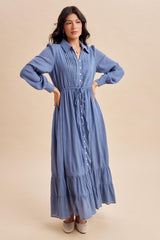 Blue Pleated Front Button Down Maxi Dress