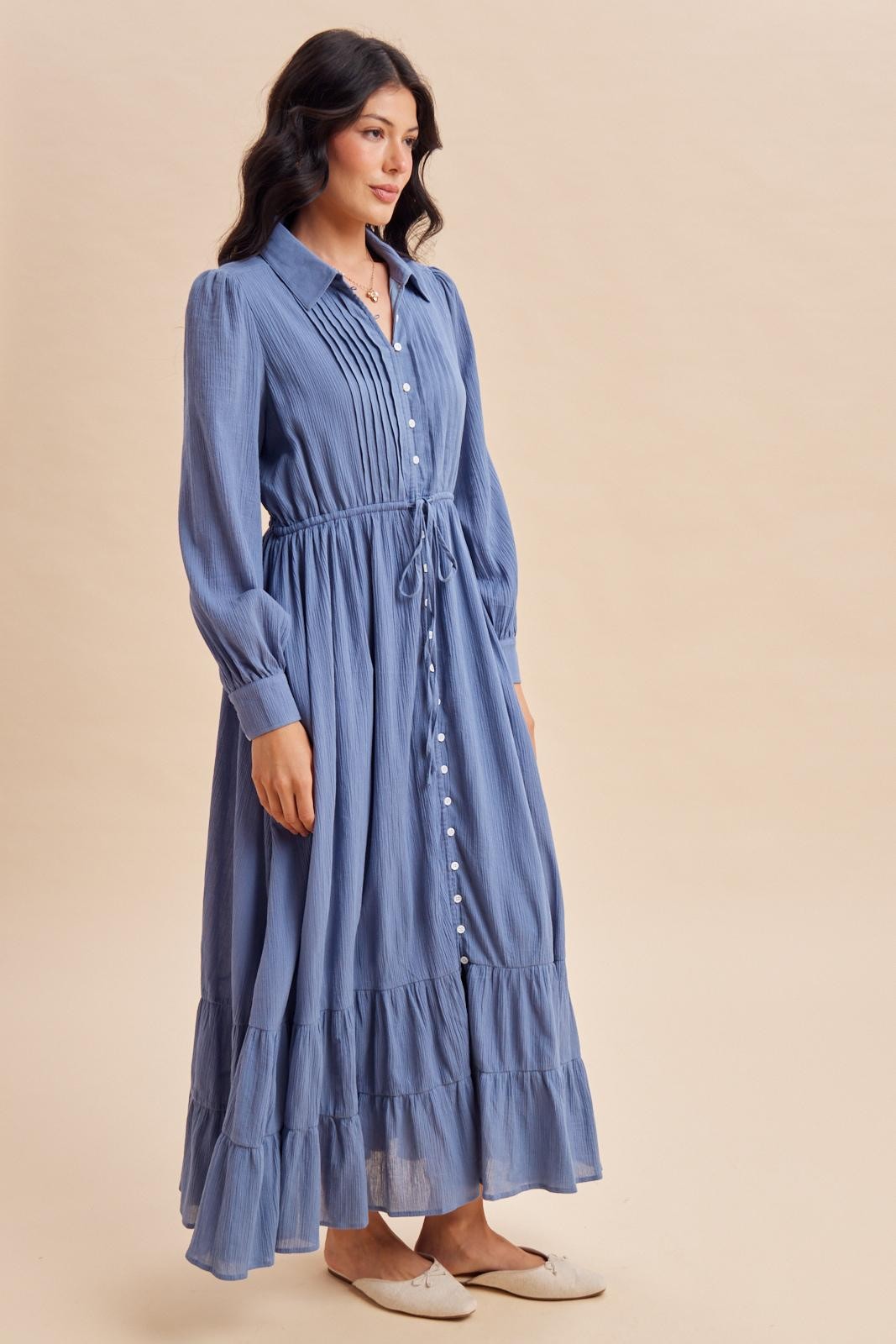 Blue Pleated Front Button Down Maxi Dress
