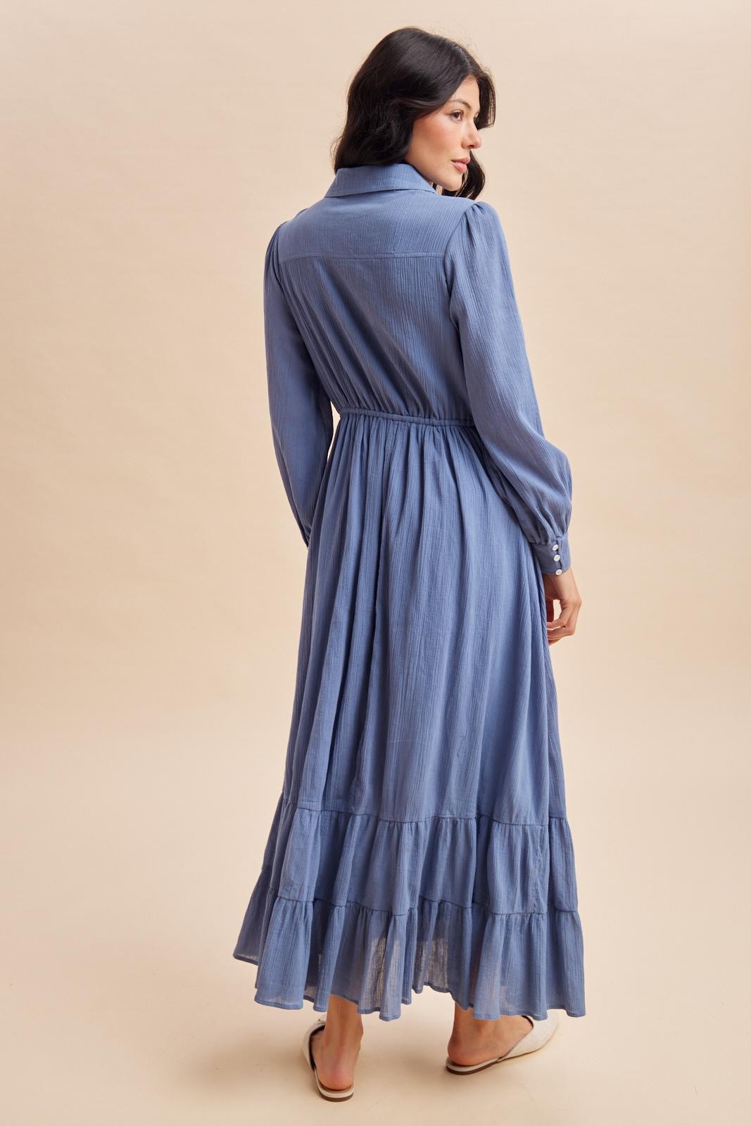 Blue Pleated Front Button Down Maxi Dress