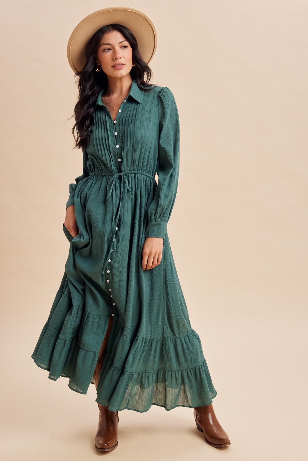 Emerald Teal Pleated Front Button Down Maxi Dress