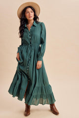 Emerald Teal Pleated Front Button Down Maxi Dress