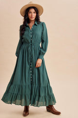 Emerald Teal Pleated Front Button Down Maxi Dress