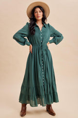 Emerald Teal Pleated Front Button Down Maxi Dress