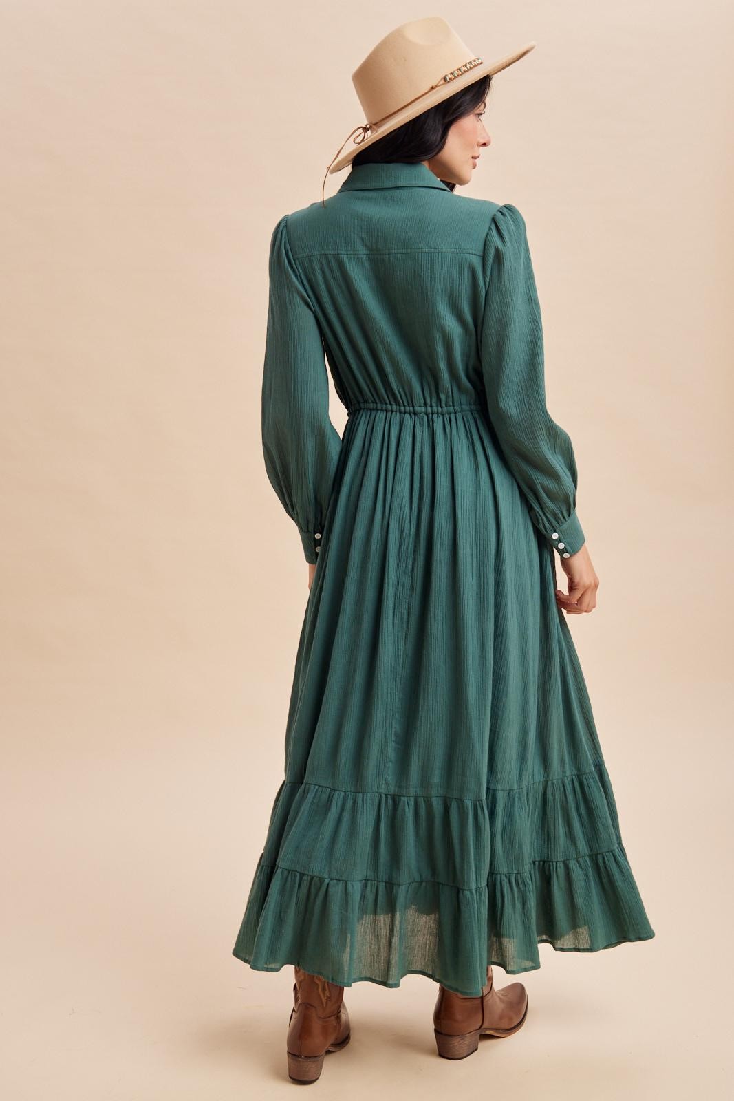 Emerald Teal Pleated Front Button Down Maxi Dress