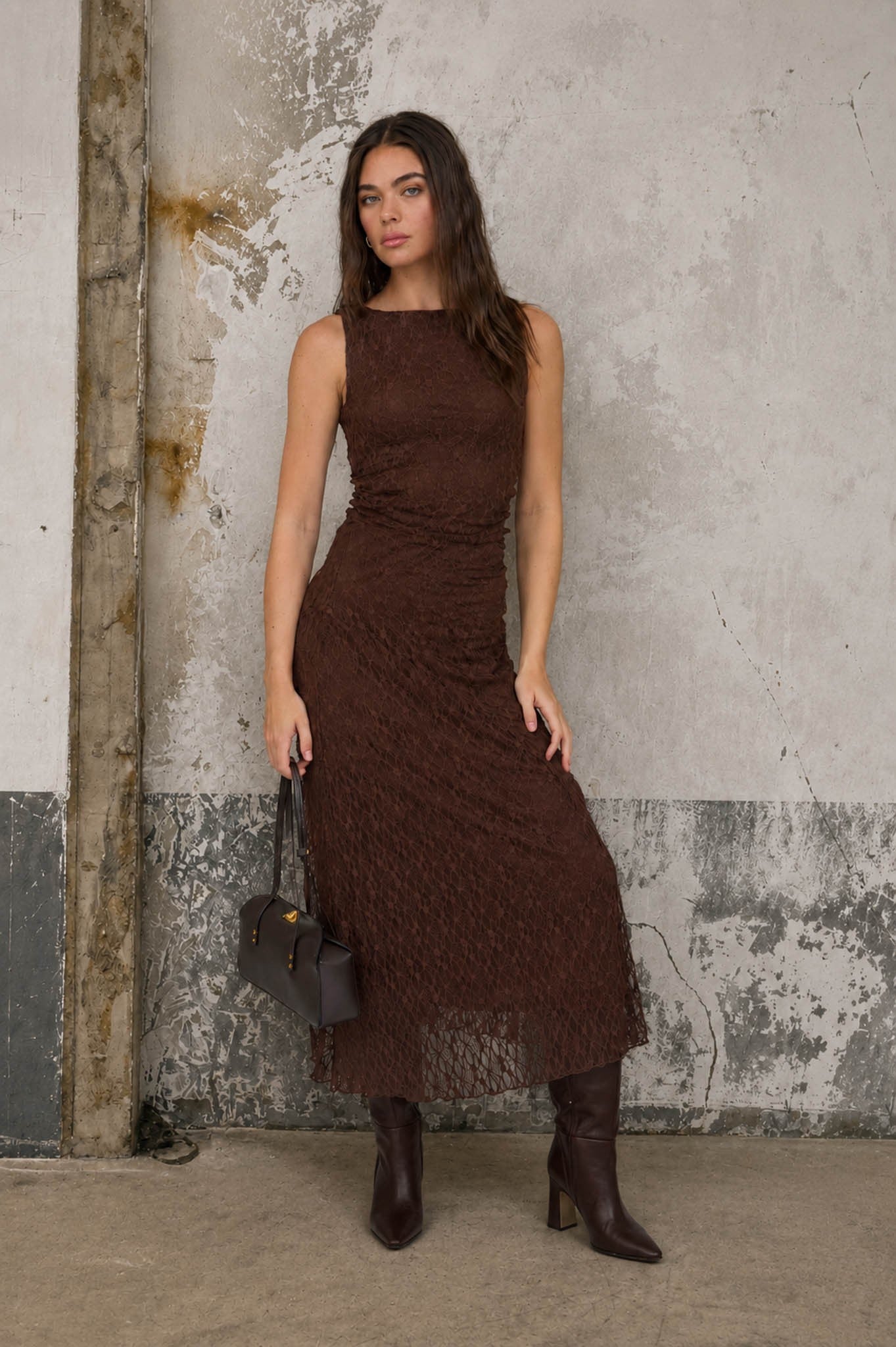Dark Brown Lace Ruched Midi Tank Dress