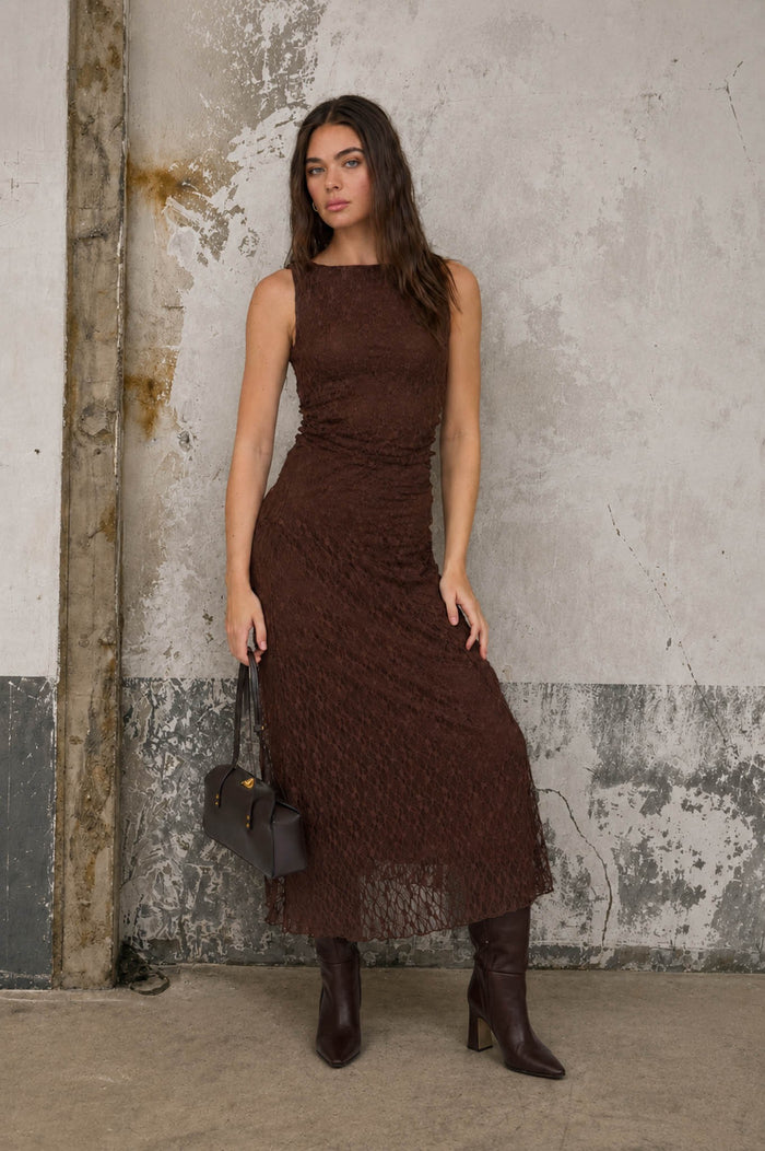 Dark Brown Lace Ruched Maternity Midi Tank Dress